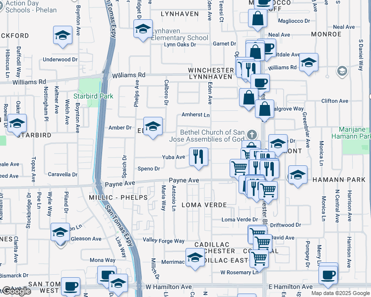 map of restaurants, bars, coffee shops, grocery stores, and more near 3370 Pearltone Drive in San Jose