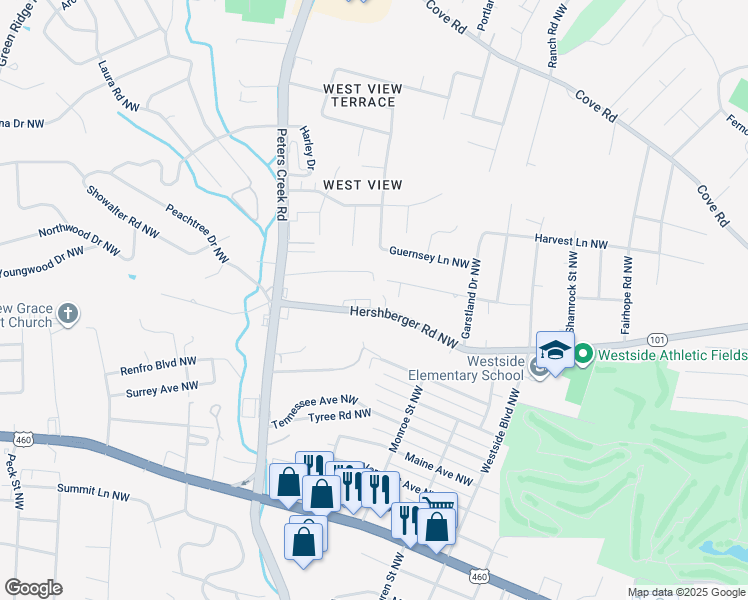 map of restaurants, bars, coffee shops, grocery stores, and more near Hershberger Rd NW in Roanoke
