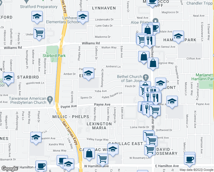 map of restaurants, bars, coffee shops, grocery stores, and more near 3370 Pearltone Drive in San Jose