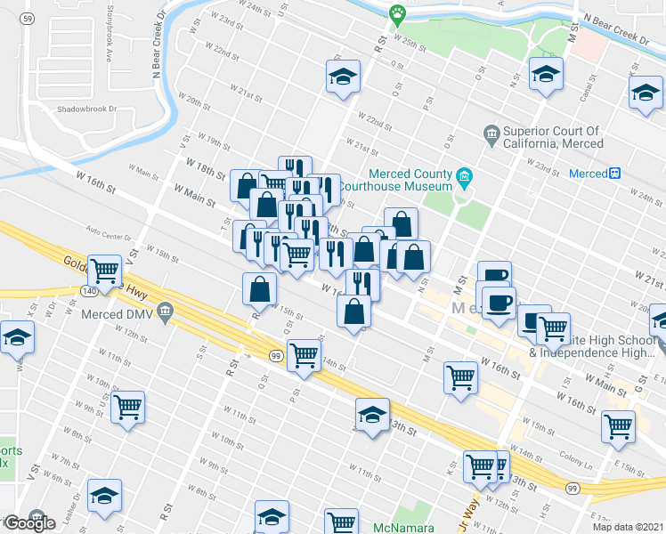 map of restaurants, bars, coffee shops, grocery stores, and more near 936 West Main Street in Merced