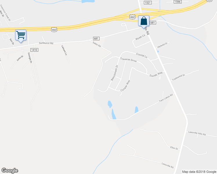 map of restaurants, bars, coffee shops, grocery stores, and more near Benchmark Drive in Evington