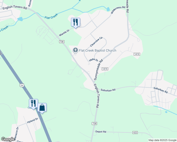 map of restaurants, bars, coffee shops, grocery stores, and more near 1401 English Tavern Road in Lynchburg
