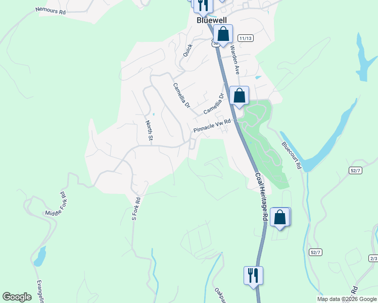 map of restaurants, bars, coffee shops, grocery stores, and more near Coke Plant Road in Bluefield