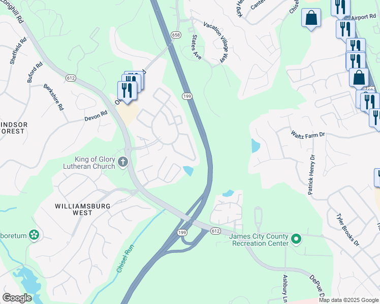 map of restaurants, bars, coffee shops, grocery stores, and more near 28 Indian Fields Way in Williamsburg