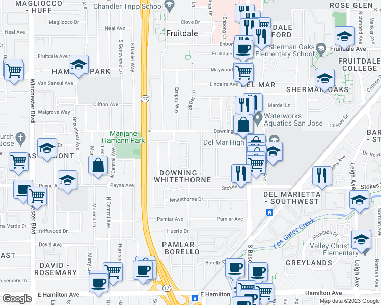 map of restaurants, bars, coffee shops, grocery stores, and more near 1218 Spruance Street in San Jose