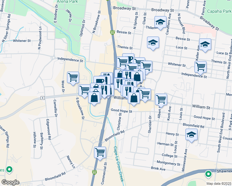 map of restaurants, bars, coffee shops, grocery stores, and more near 2148 William St in Cape Girardeau