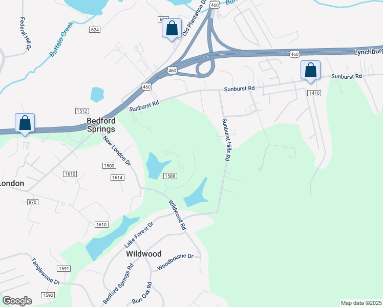 map of restaurants, bars, coffee shops, grocery stores, and more near 248 South Lake Drive in Lynchburg