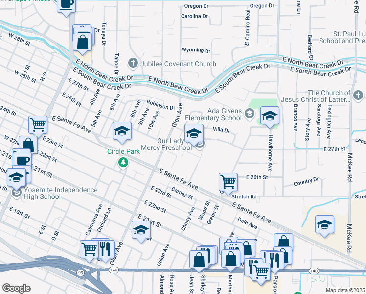 map of restaurants, bars, coffee shops, grocery stores, and more near 2617 Midge Avenue in Merced