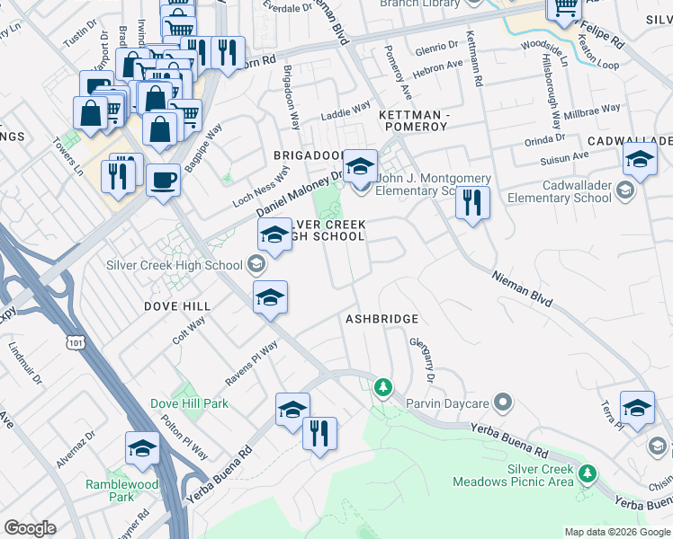 map of restaurants, bars, coffee shops, grocery stores, and more near 3772 Brigadoon Way in San Jose