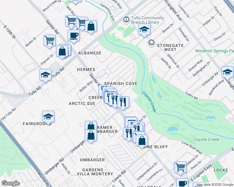 map of restaurants, bars, coffee shops, grocery stores, and more near 2669 Senter Creek Court in San Jose