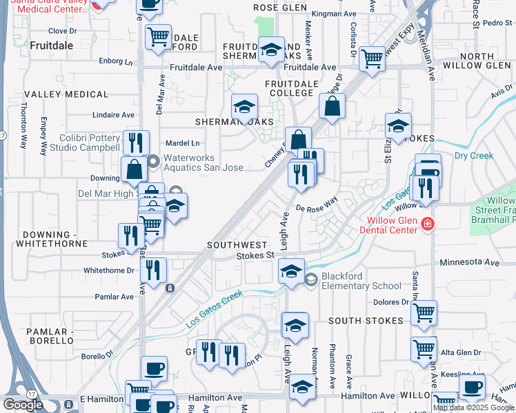 map of restaurants, bars, coffee shops, grocery stores, and more near 1860 Southwest Expressway in San Jose