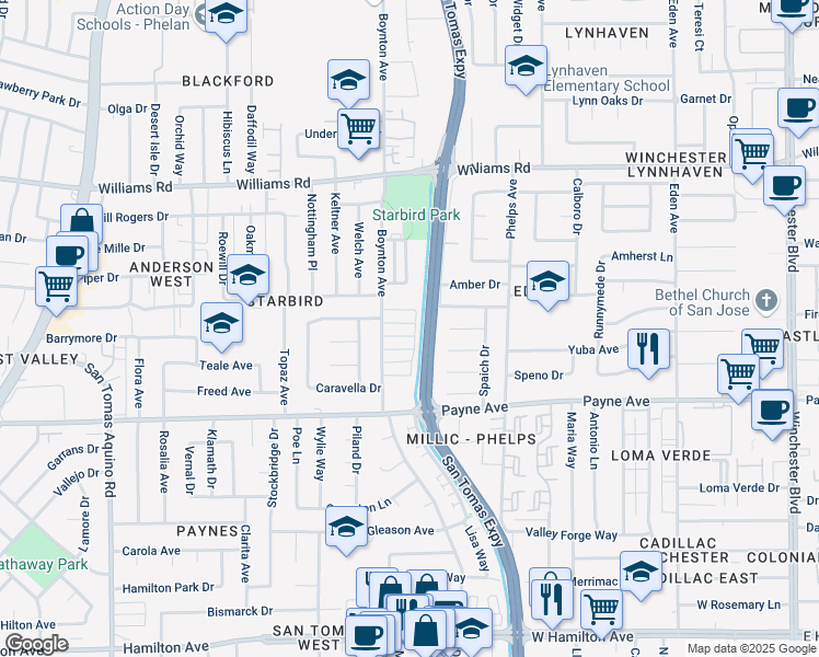 map of restaurants, bars, coffee shops, grocery stores, and more near 3678 Bridgeport Court in San Jose