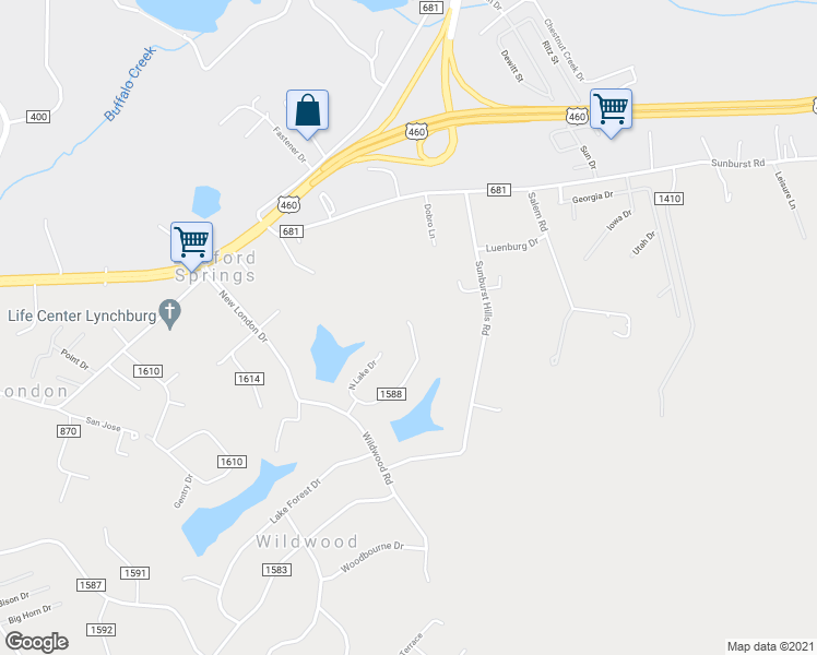 map of restaurants, bars, coffee shops, grocery stores, and more near 248 South Lake Drive in Lynchburg