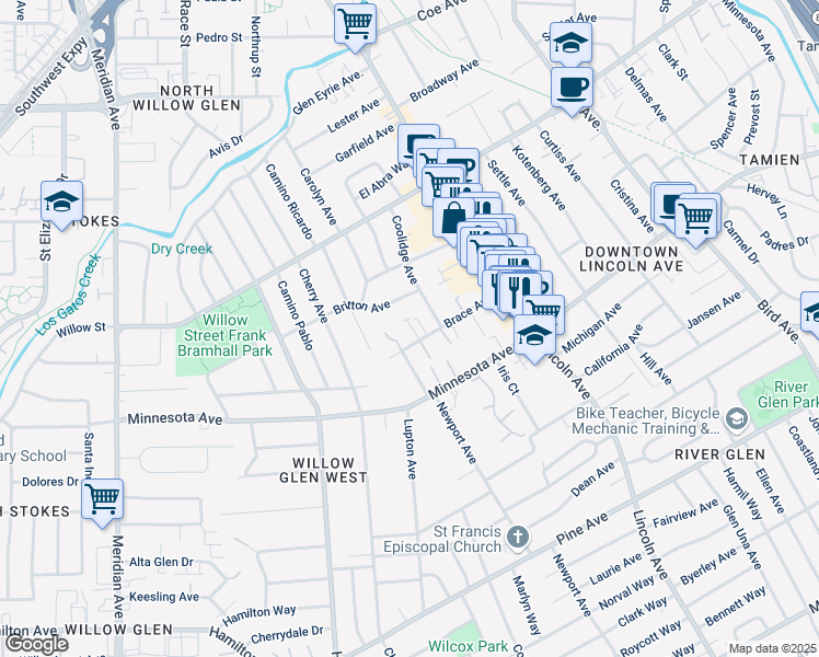 map of restaurants, bars, coffee shops, grocery stores, and more near 1187 Brace Ave in San Jose