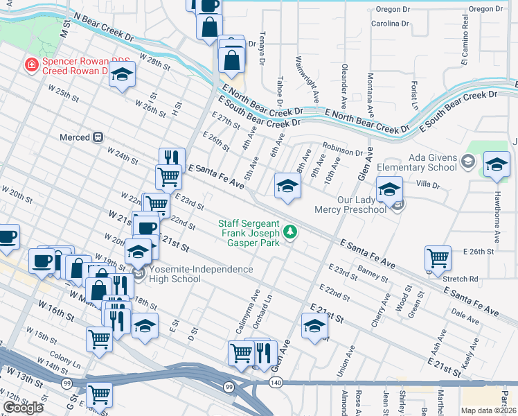 map of restaurants, bars, coffee shops, grocery stores, and more near 203 East 23rd Street in Merced