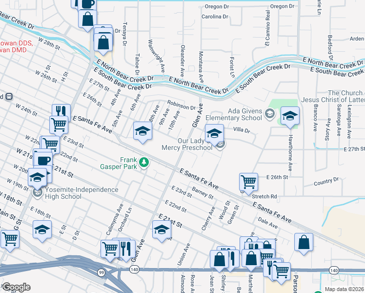 map of restaurants, bars, coffee shops, grocery stores, and more near 2593 Glen Avenue in Merced