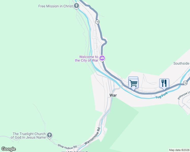 map of restaurants, bars, coffee shops, grocery stores, and more near 1-99 Excelsior Heights in War