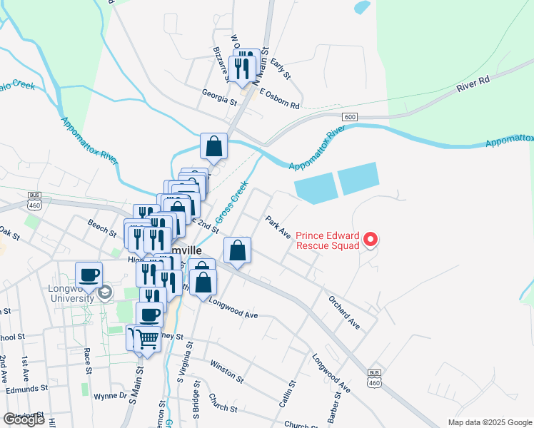 map of restaurants, bars, coffee shops, grocery stores, and more near 408 Park Avenue in Farmville