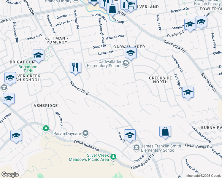 map of restaurants, bars, coffee shops, grocery stores, and more near 2681 Sycamore Grove Place in San Jose