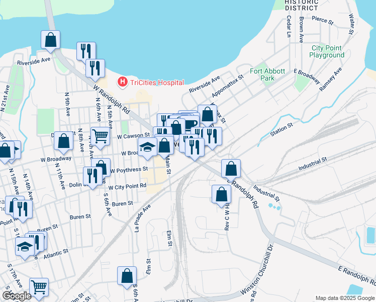 map of restaurants, bars, coffee shops, grocery stores, and more near in Hopewell