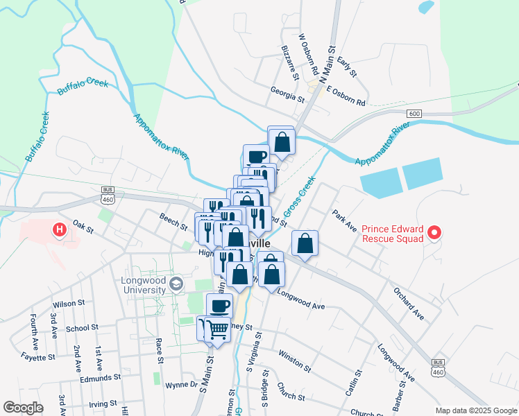 map of restaurants, bars, coffee shops, grocery stores, and more near 228 North Main Street in Farmville