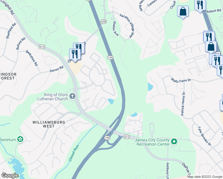 map of restaurants, bars, coffee shops, grocery stores, and more near 28 Indian Fields Way in Williamsburg