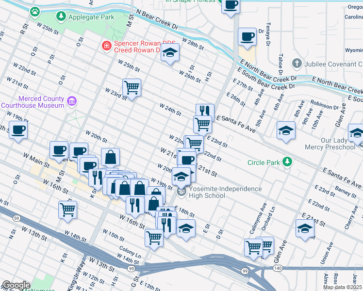 map of restaurants, bars, coffee shops, grocery stores, and more near 54 West 22nd Street in Merced
