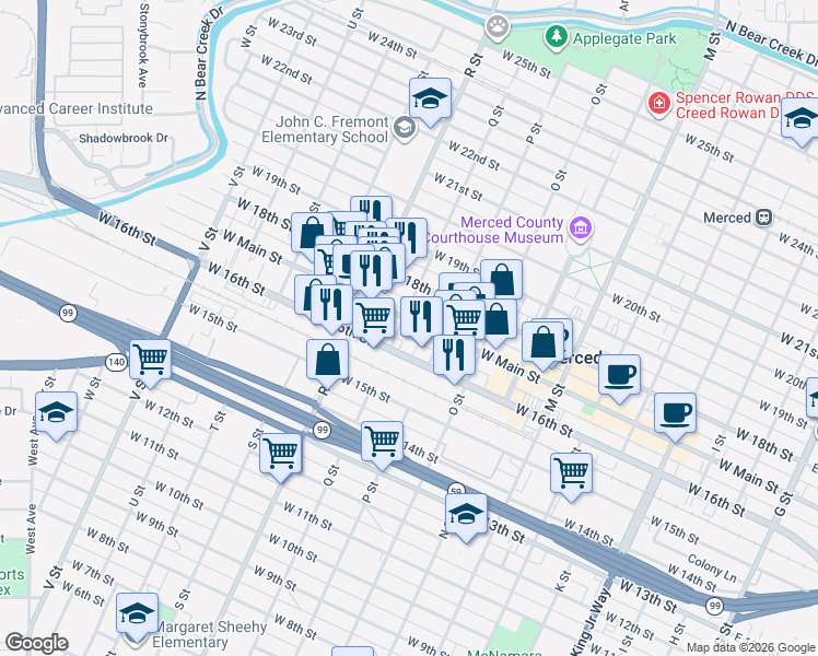 map of restaurants, bars, coffee shops, grocery stores, and more near 936 West Main Street in Merced