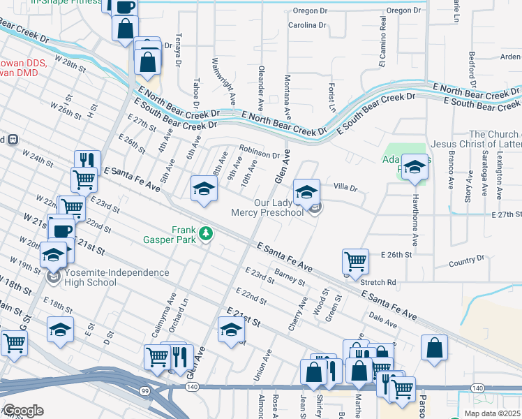 map of restaurants, bars, coffee shops, grocery stores, and more near 2597 Glen Avenue in Merced