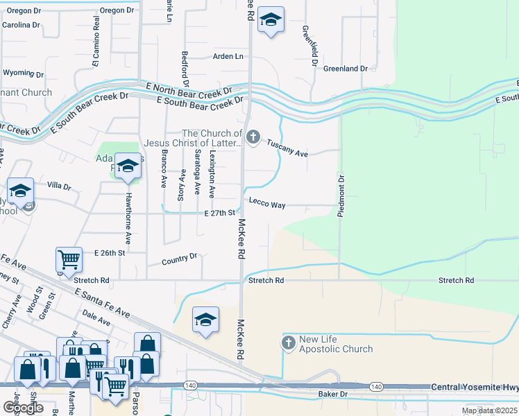 map of restaurants, bars, coffee shops, grocery stores, and more near 2278 Lecco Way in Merced