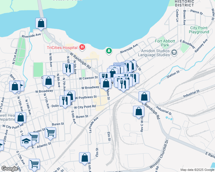 map of restaurants, bars, coffee shops, grocery stores, and more near W Broadway Ave & E Broadway Ave in Hopewell