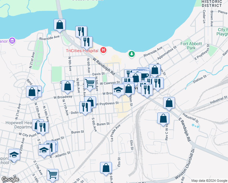 map of restaurants, bars, coffee shops, grocery stores, and more near 301 North 3rd Avenue in Hopewell