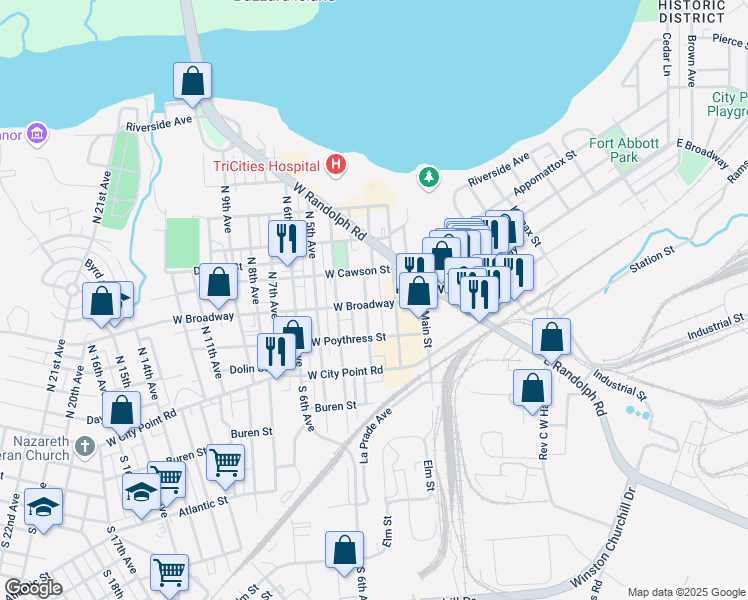 map of restaurants, bars, coffee shops, grocery stores, and more near 301 North 3rd Avenue in Hopewell