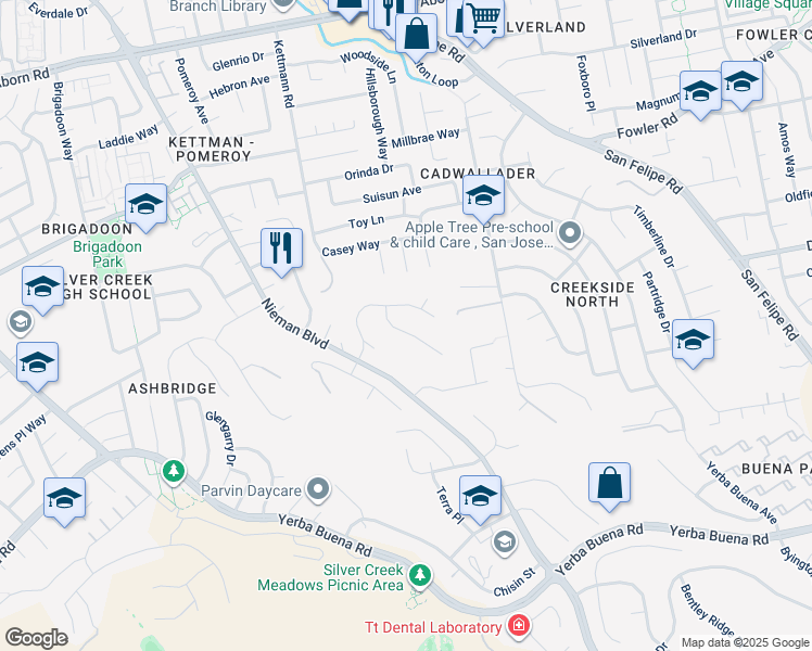 map of restaurants, bars, coffee shops, grocery stores, and more near 2684 Sycamore Grove Place in San Jose