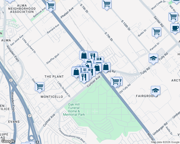 map of restaurants, bars, coffee shops, grocery stores, and more near 2189 Monterey Rd in San Jose