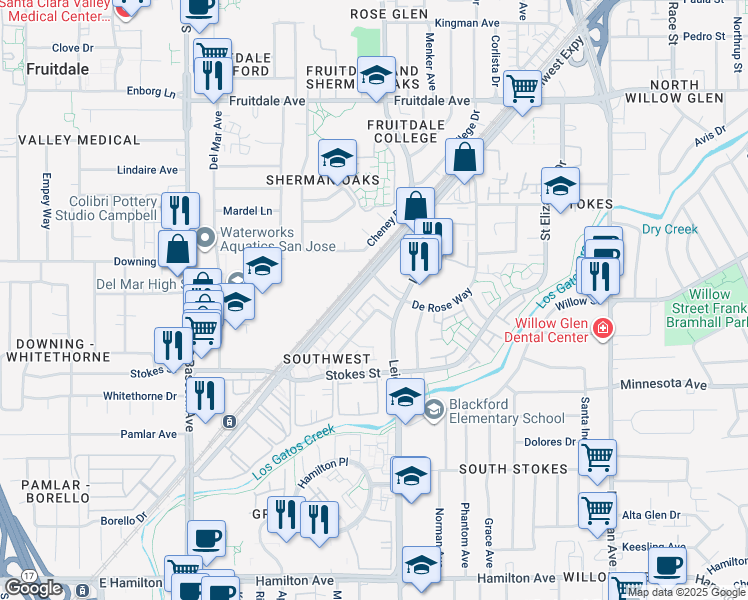 map of restaurants, bars, coffee shops, grocery stores, and more near 1860 Southwest Expressway in San Jose