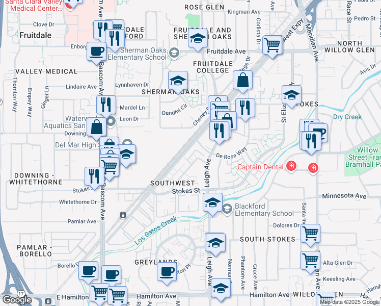 map of restaurants, bars, coffee shops, grocery stores, and more near 1860 Southwest Expressway in San Jose