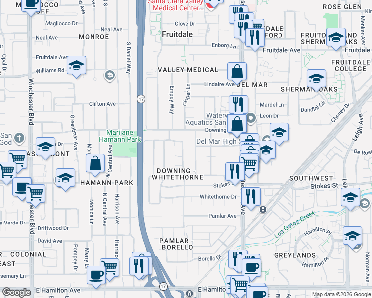map of restaurants, bars, coffee shops, grocery stores, and more near 1226 Spruance Street in San Jose