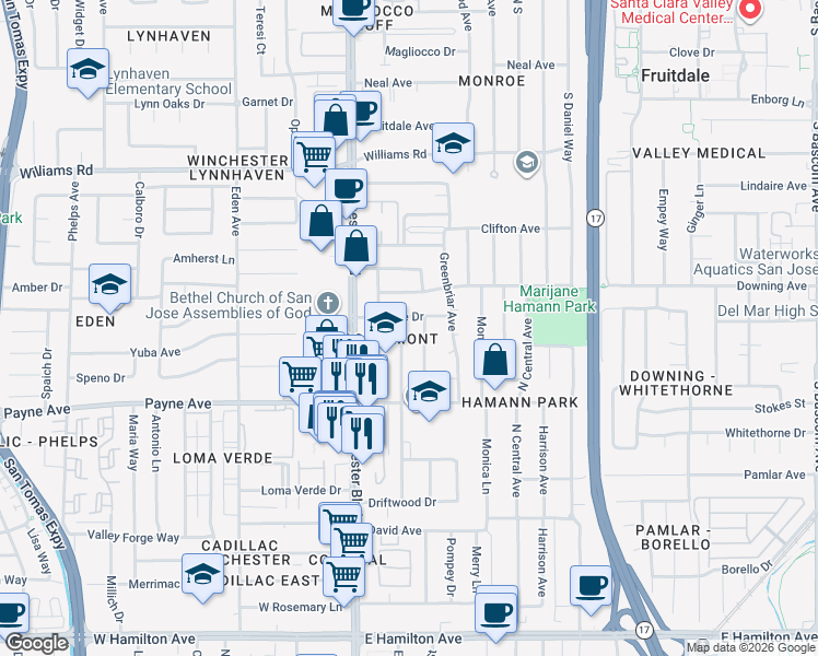 map of restaurants, bars, coffee shops, grocery stores, and more near 1210 Castlemont Avenue in San Jose