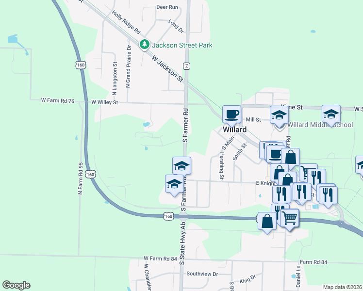 map of restaurants, bars, coffee shops, grocery stores, and more near 309 South Farmer Road in Willard