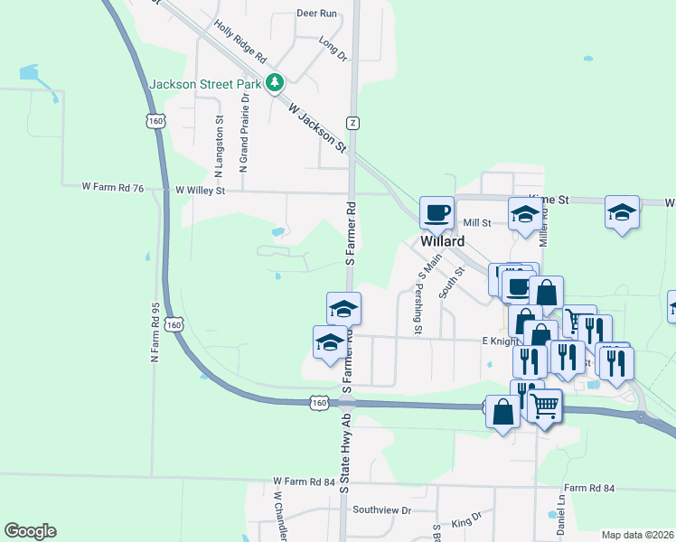 map of restaurants, bars, coffee shops, grocery stores, and more near 309 South Farmer Road in Willard