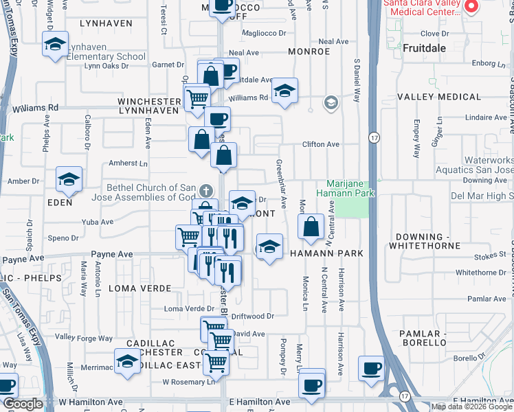 map of restaurants, bars, coffee shops, grocery stores, and more near 1210 Castlemont Avenue in San Jose