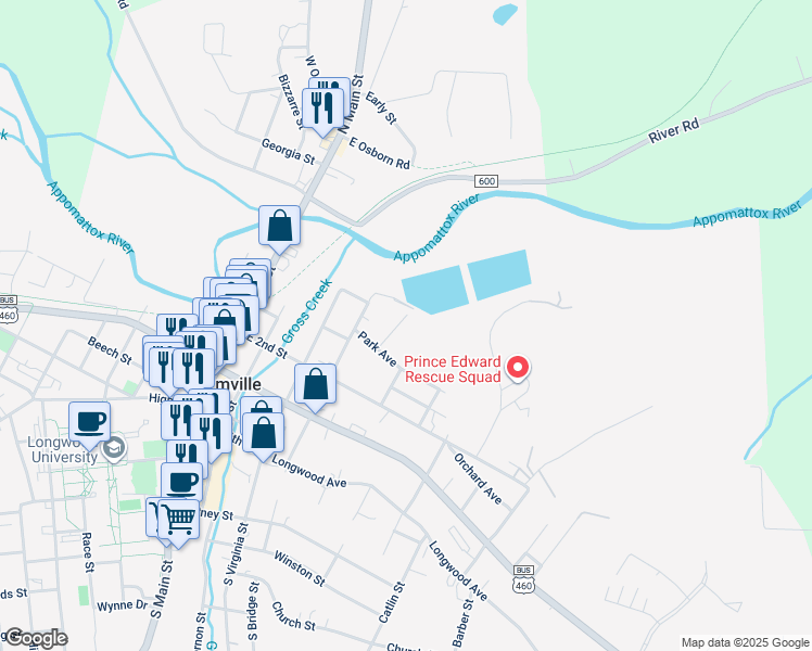 map of restaurants, bars, coffee shops, grocery stores, and more near 500 Serpell Street in Farmville