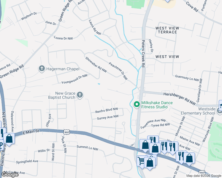 map of restaurants, bars, coffee shops, grocery stores, and more near 1488 Peters Creek Road Northwest in Roanoke