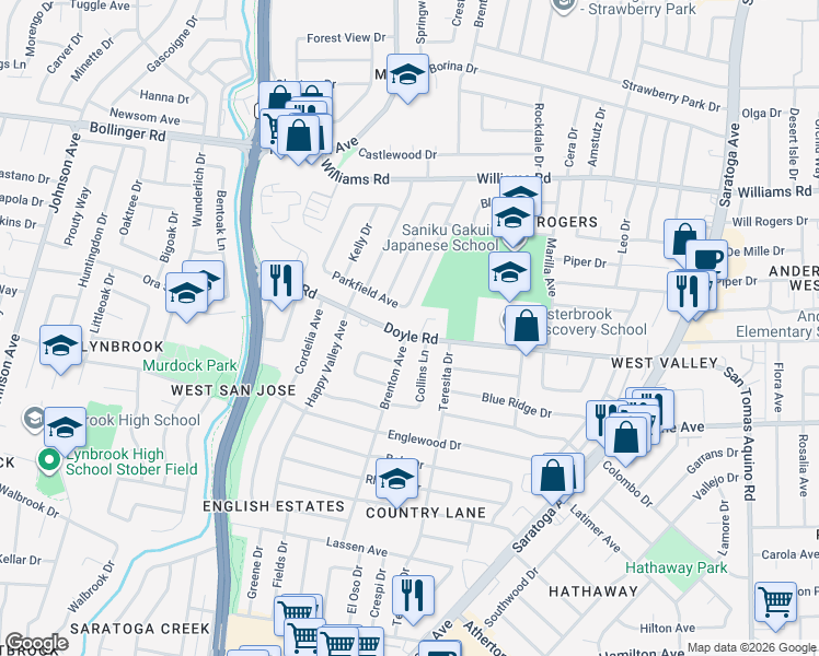 map of restaurants, bars, coffee shops, grocery stores, and more near 5005 Doyle Road in San Jose