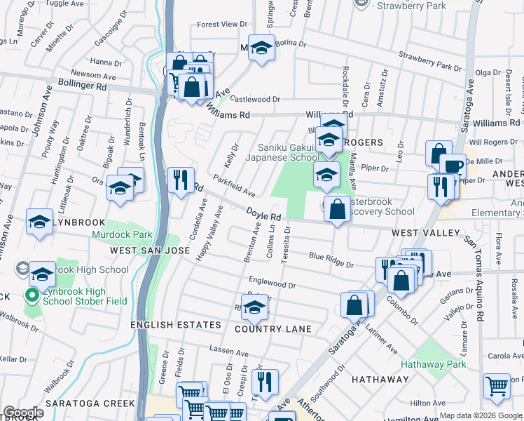 map of restaurants, bars, coffee shops, grocery stores, and more near 5005 Doyle Road in San Jose