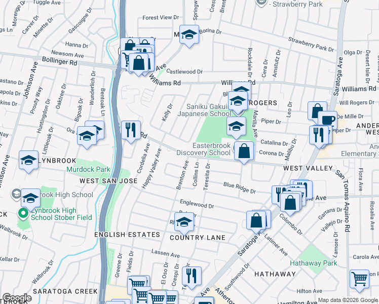 map of restaurants, bars, coffee shops, grocery stores, and more near 5008 Doyle Road in San Jose