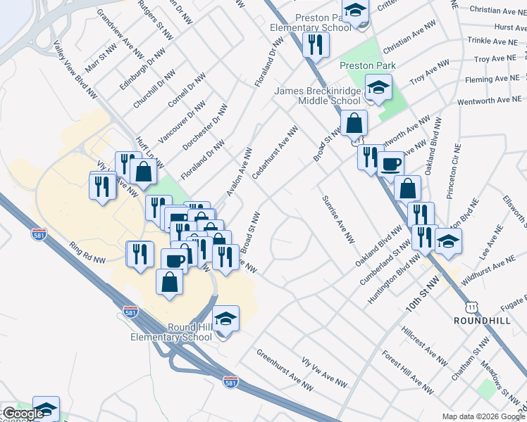 map of restaurants, bars, coffee shops, grocery stores, and more near 2544 Roundtop Road Northwest in Roanoke