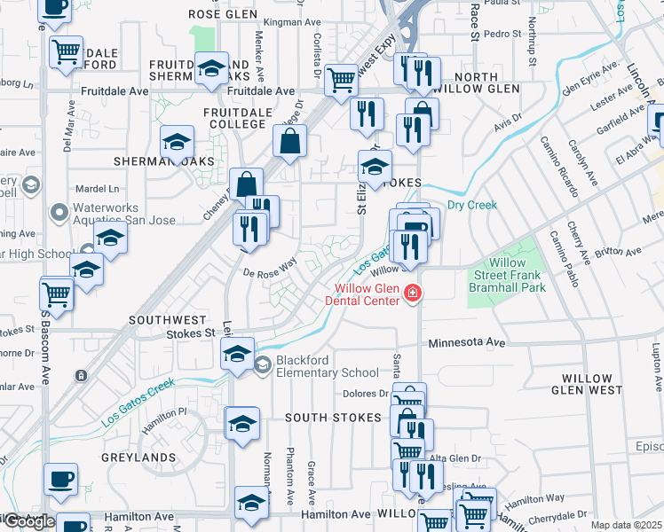 map of restaurants, bars, coffee shops, grocery stores, and more near 1484 Stokes Street in San Jose
