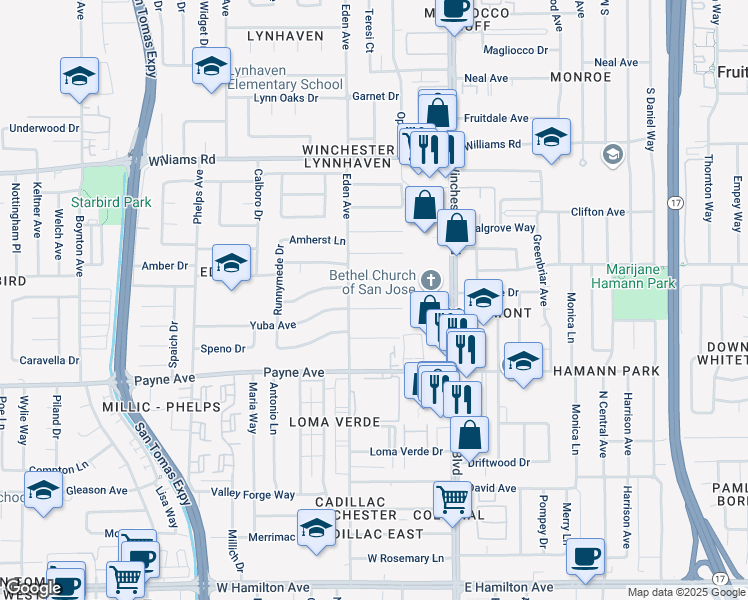 map of restaurants, bars, coffee shops, grocery stores, and more near 3200 Finch Drive in San Jose